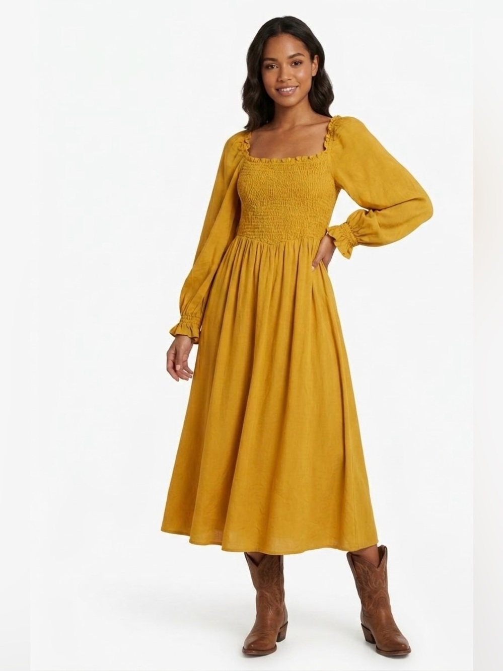 FRNCH Paris $130 P2P 14-17” Mustard Yellow Smocked Long Sleeve Midi Dress